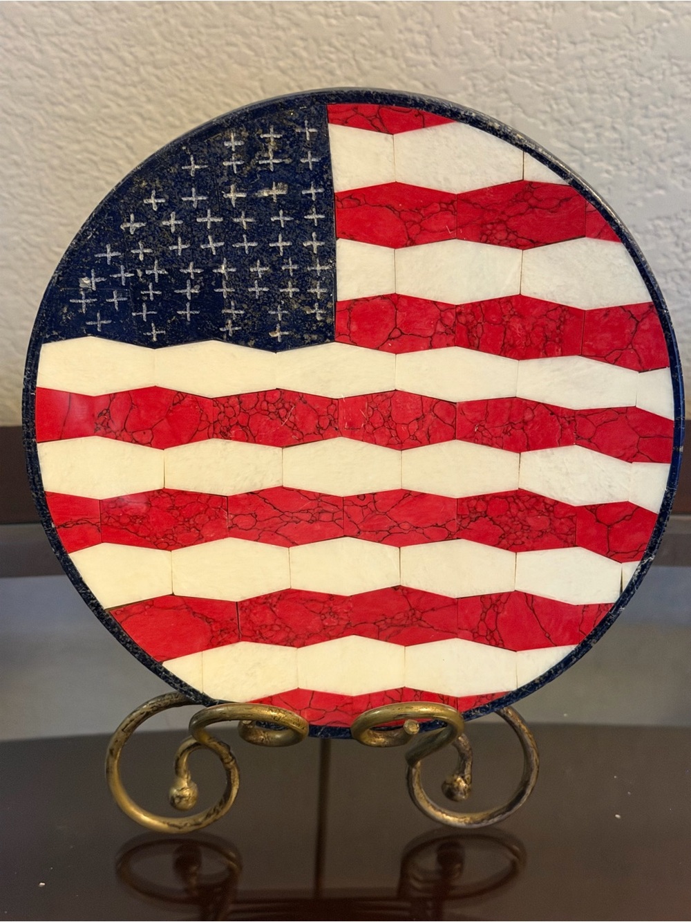 Handcrafted Quartz & Marble Inlay American Flag Plate 8.5”  Folk Art Patriotic